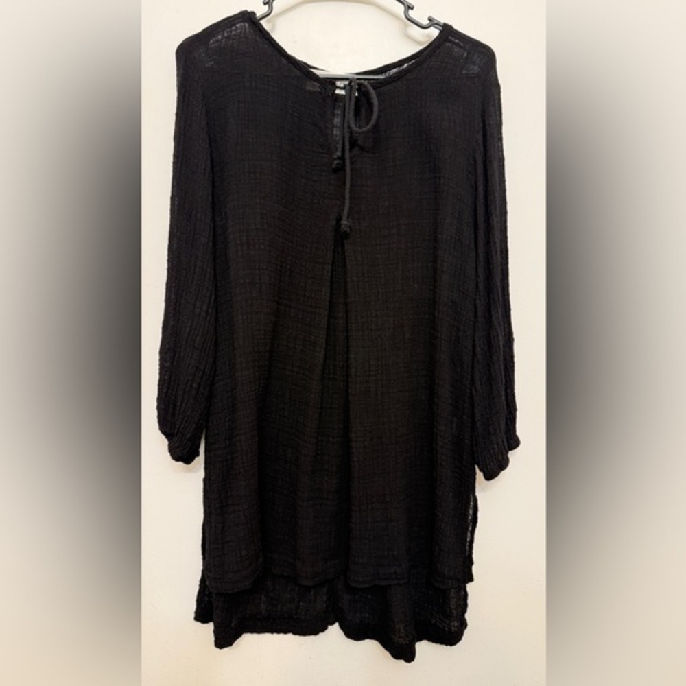 M. Rena Black Crinkle Gauze Boho Tunic Top L Made in USA Lagenlook